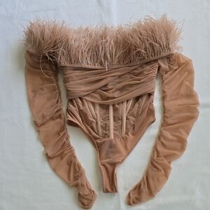 House of CB Feather Trimmed Mesh Top